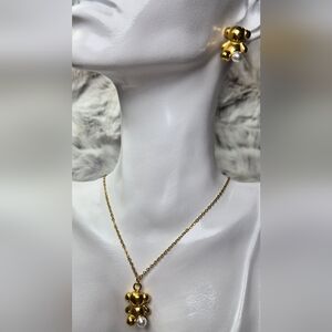 Gold Teddy Bear Pearl Necklace & Earring Set | Stainless Steel | Gold Tone